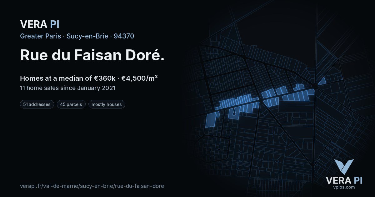 Rue du Faisan Doré, Sucy-en-Brie at night – every parcel coloured by the prices around it, the street's own parcels lit