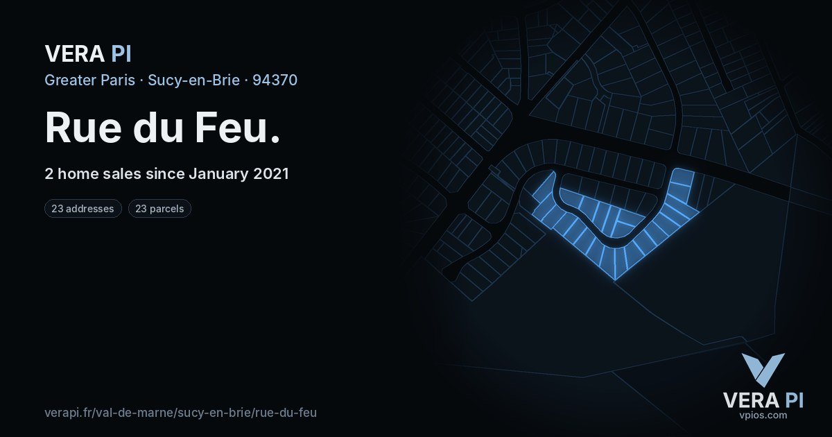 Rue du Feu, Sucy-en-Brie at night – every parcel coloured by the prices around it, the street's own parcels lit