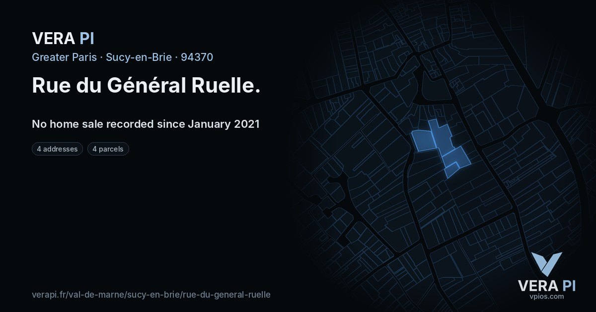 Rue du Général Ruelle, Sucy-en-Brie at night – every parcel coloured by the prices around it, the street's own parcels lit