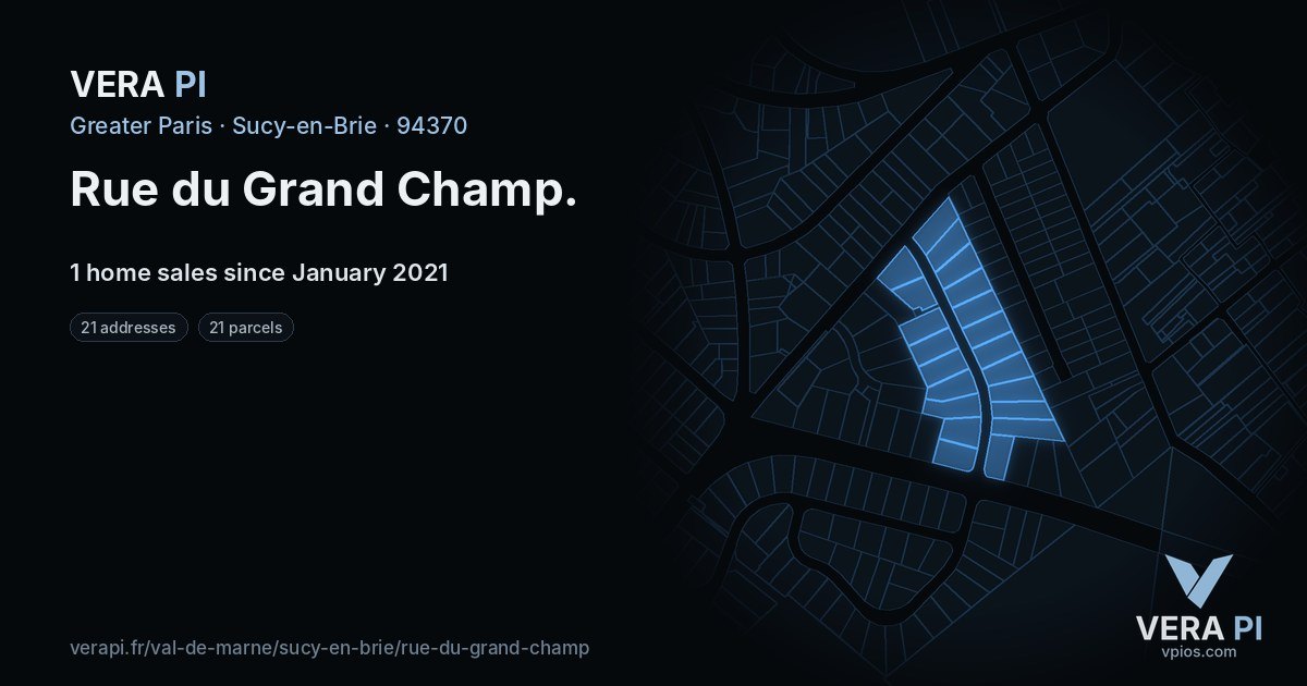 Rue du Grand Champ, Sucy-en-Brie at night – every parcel coloured by the prices around it, the street's own parcels lit