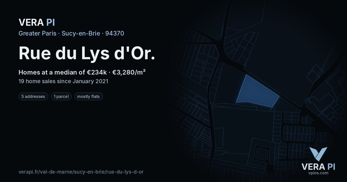 Rue du Lys d'Or, Sucy-en-Brie at night – every parcel coloured by the prices around it, the street's own parcels lit