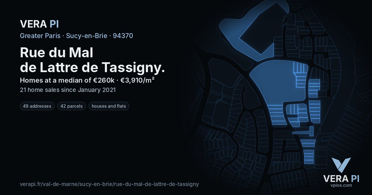 Rue du Mal de Lattre de Tassigny, Sucy-en-Brie at night – every parcel coloured by the prices around it, the street's own parcels lit