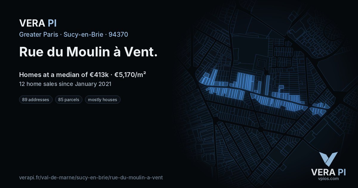 Rue du Moulin à Vent, Sucy-en-Brie at night – every parcel coloured by the prices around it, the street's own parcels lit