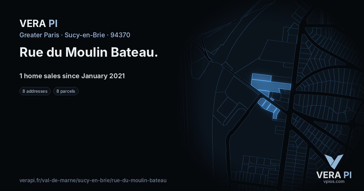 Rue du Moulin Bateau, Sucy-en-Brie at night – every parcel coloured by the prices around it, the street's own parcels lit
