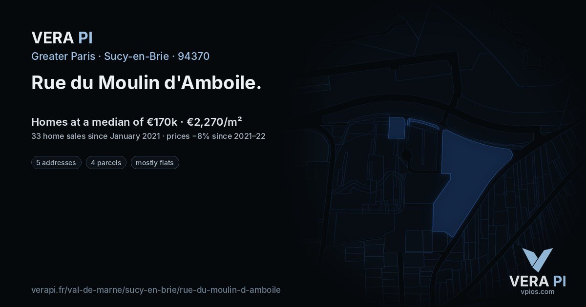 Rue du Moulin d'Amboile, Sucy-en-Brie at night – every parcel coloured by the prices around it, the street's own parcels lit
