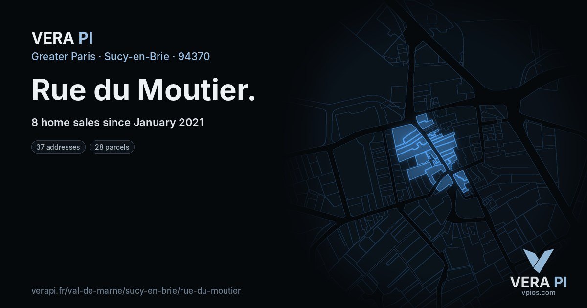 Rue du Moutier, Sucy-en-Brie at night – every parcel coloured by the prices around it, the street's own parcels lit