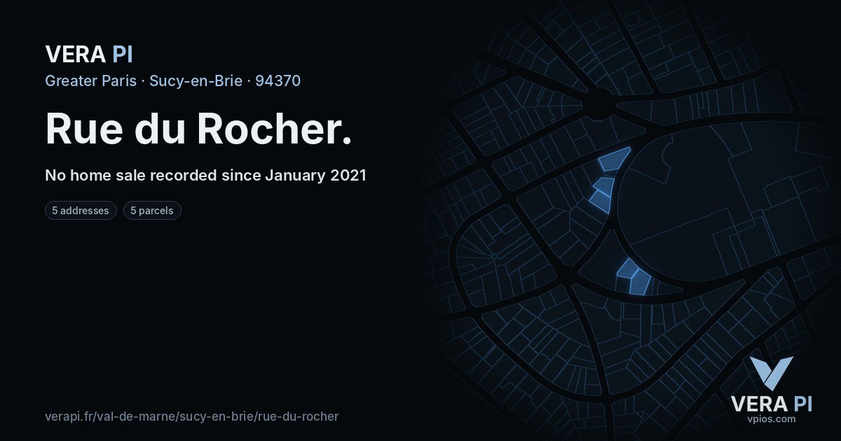 Rue du Rocher, Sucy-en-Brie at night – every parcel coloured by the prices around it, the street's own parcels lit