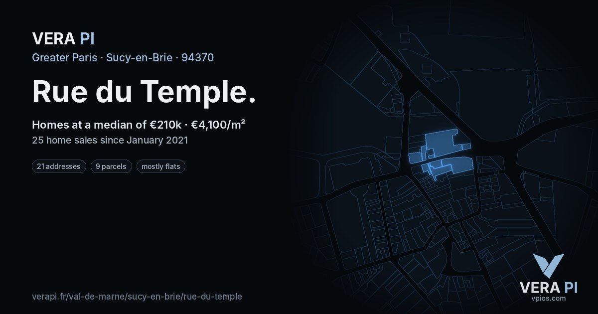 Rue du Temple, Sucy-en-Brie at night – every parcel coloured by the prices around it, the street's own parcels lit