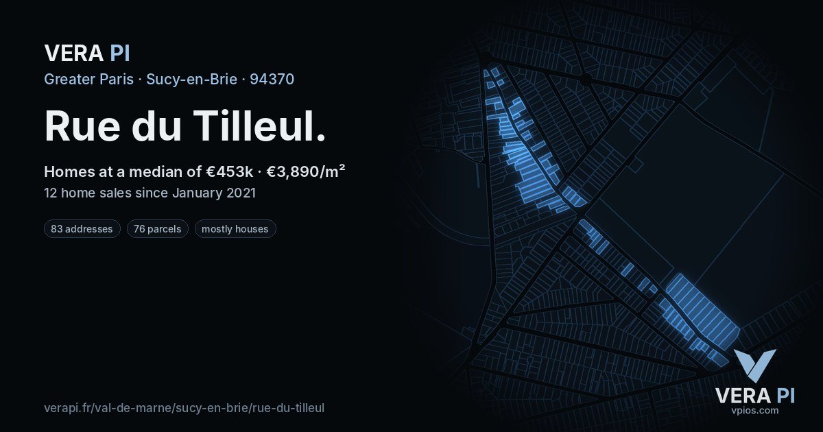 Rue du Tilleul, Sucy-en-Brie at night – every parcel coloured by the prices around it, the street's own parcels lit