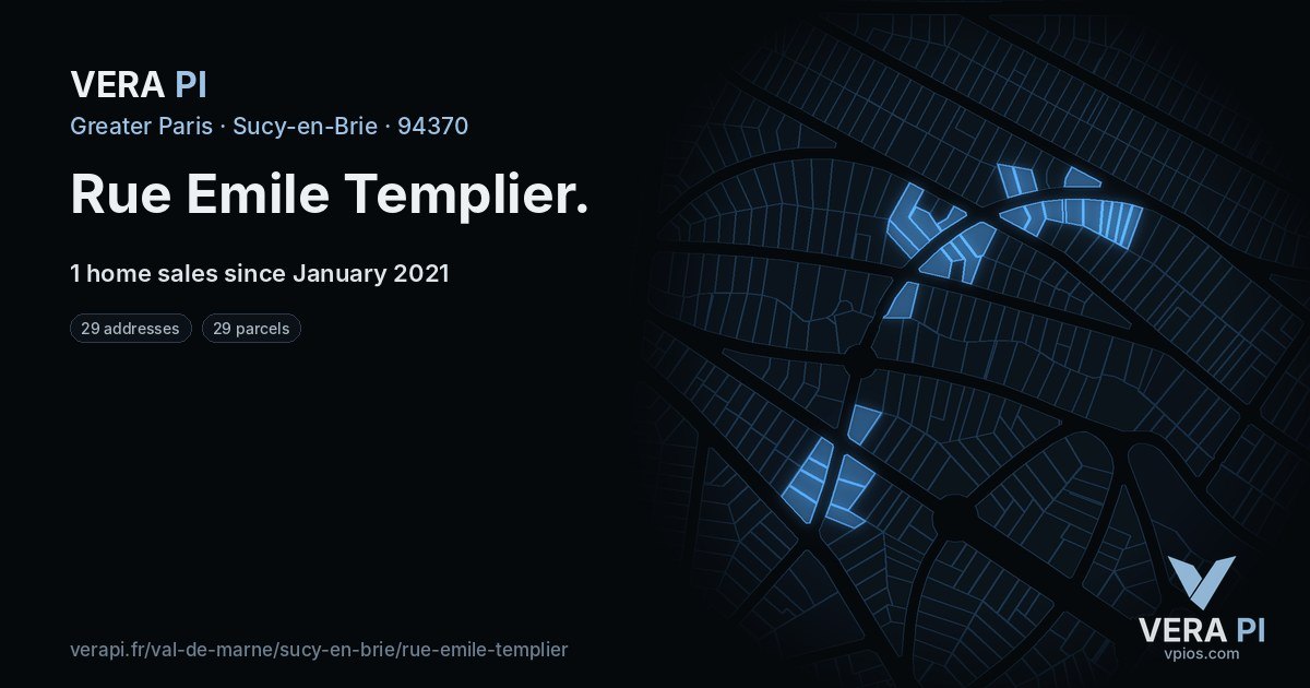 Rue Emile Templier, Sucy-en-Brie at night – every parcel coloured by the prices around it, the street's own parcels lit