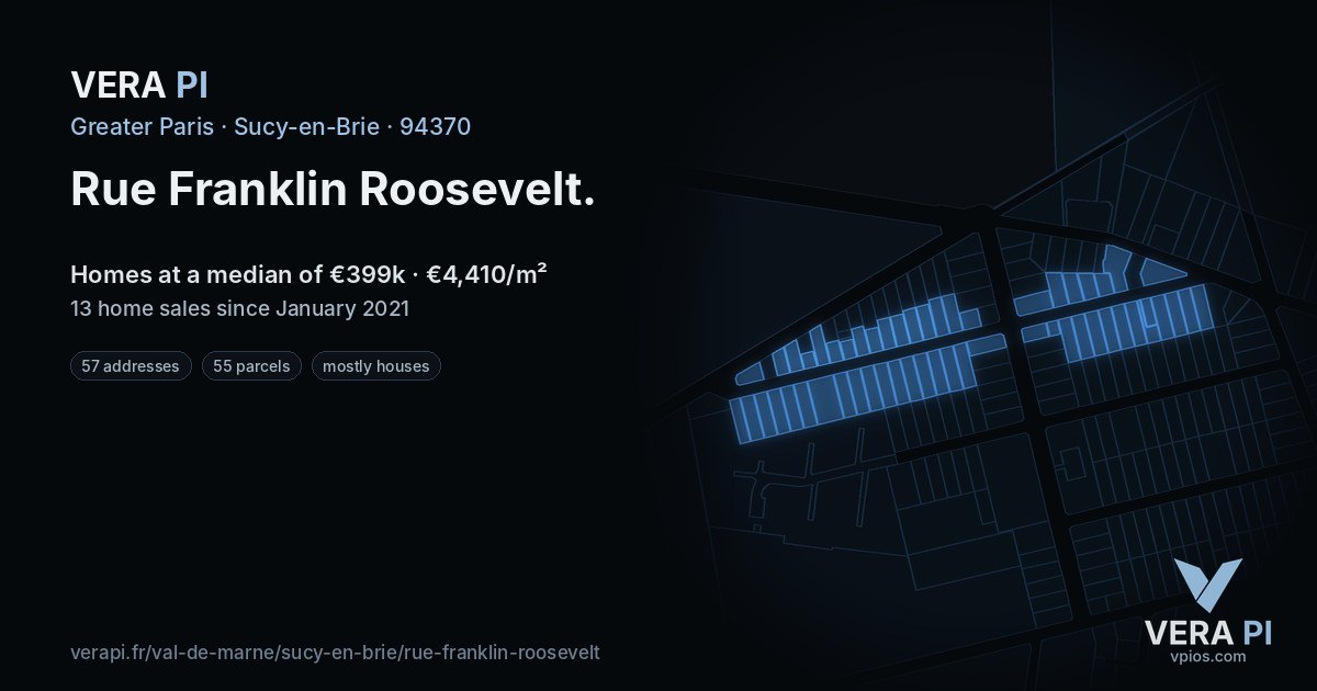 Rue Franklin Roosevelt, Sucy-en-Brie at night – every parcel coloured by the prices around it, the street's own parcels lit
