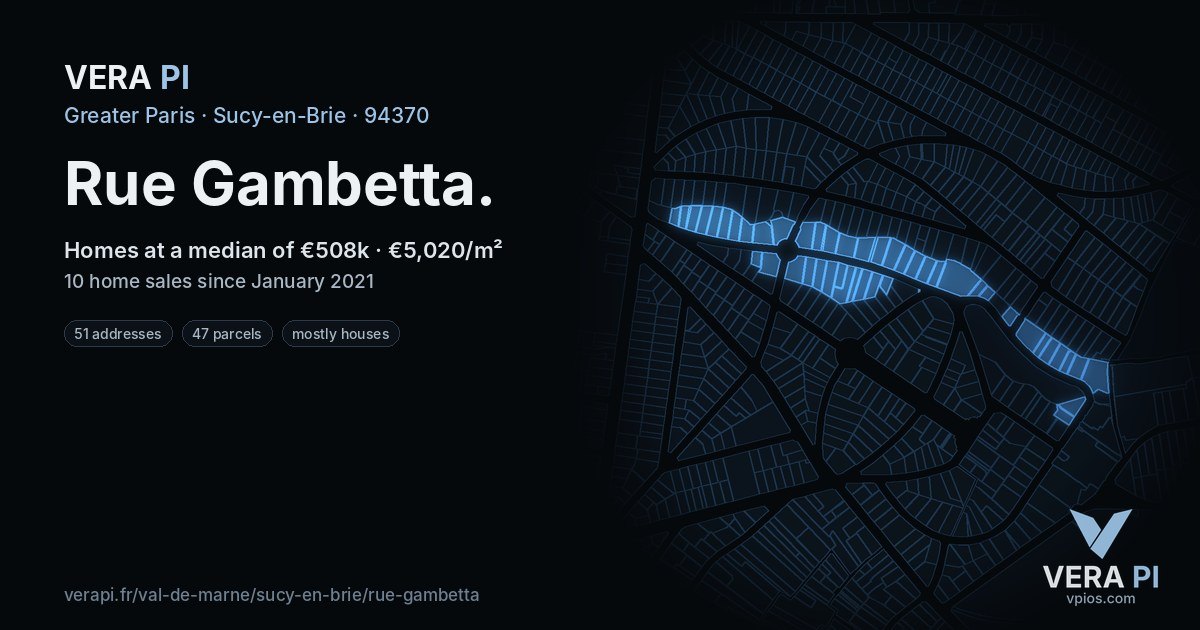 Rue Gambetta, Sucy-en-Brie at night – every parcel coloured by the prices around it, the street's own parcels lit