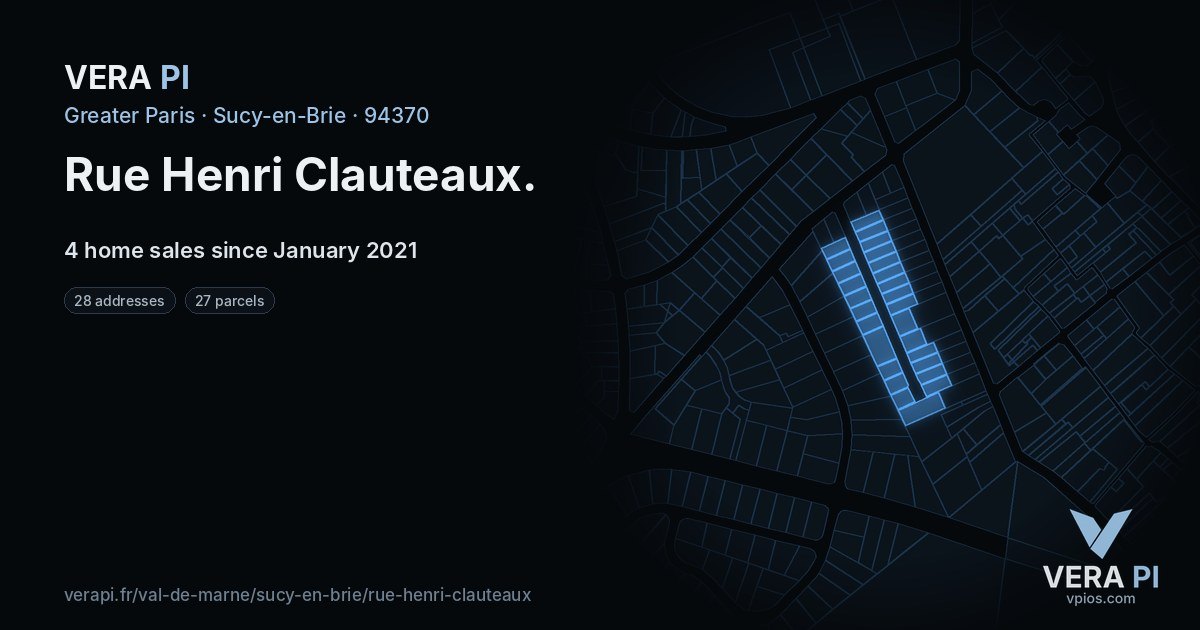 Rue Henri Clauteaux, Sucy-en-Brie at night – every parcel coloured by the prices around it, the street's own parcels lit