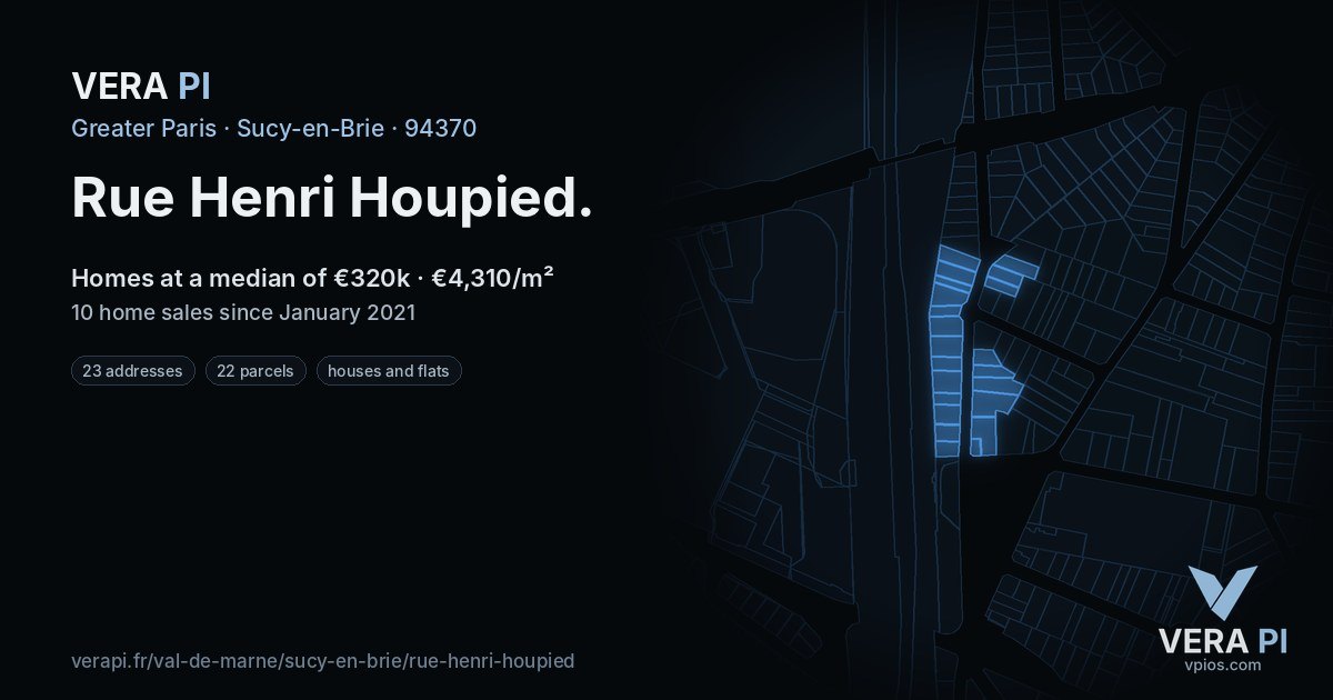 Rue Henri Houpied, Sucy-en-Brie at night – every parcel coloured by the prices around it, the street's own parcels lit