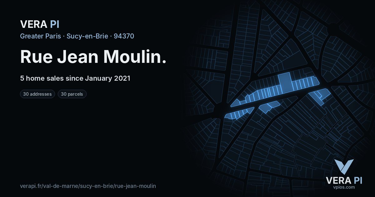 Rue Jean Moulin, Sucy-en-Brie at night – every parcel coloured by the prices around it, the street's own parcels lit