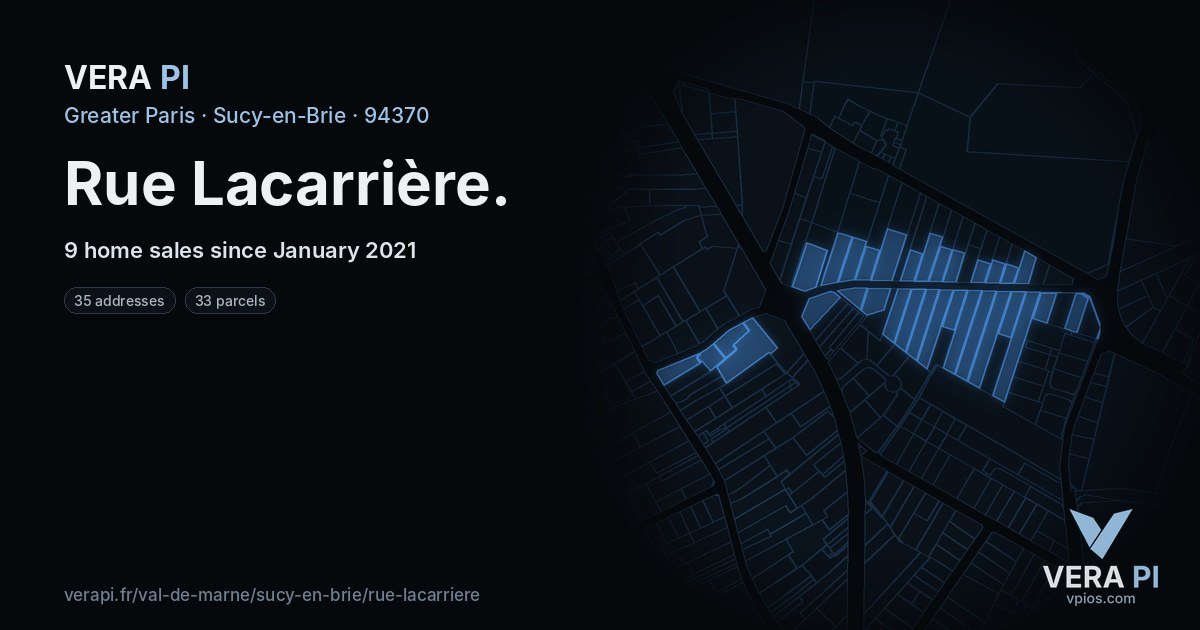Rue Lacarrière, Sucy-en-Brie at night – every parcel coloured by the prices around it, the street's own parcels lit