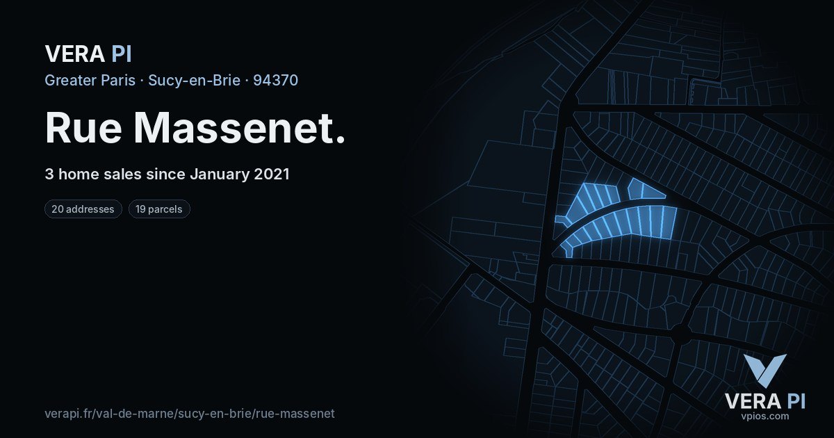 Rue Massenet, Sucy-en-Brie at night – every parcel coloured by the prices around it, the street's own parcels lit