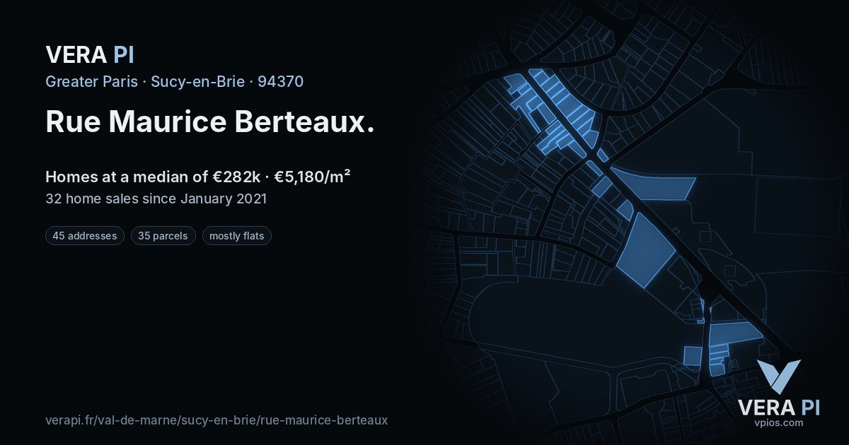 Rue Maurice Berteaux, Sucy-en-Brie at night – every parcel coloured by the prices around it, the street's own parcels lit