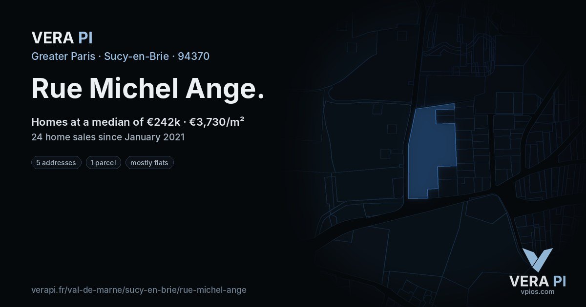 Rue Michel Ange, Sucy-en-Brie at night – every parcel coloured by the prices around it, the street's own parcels lit