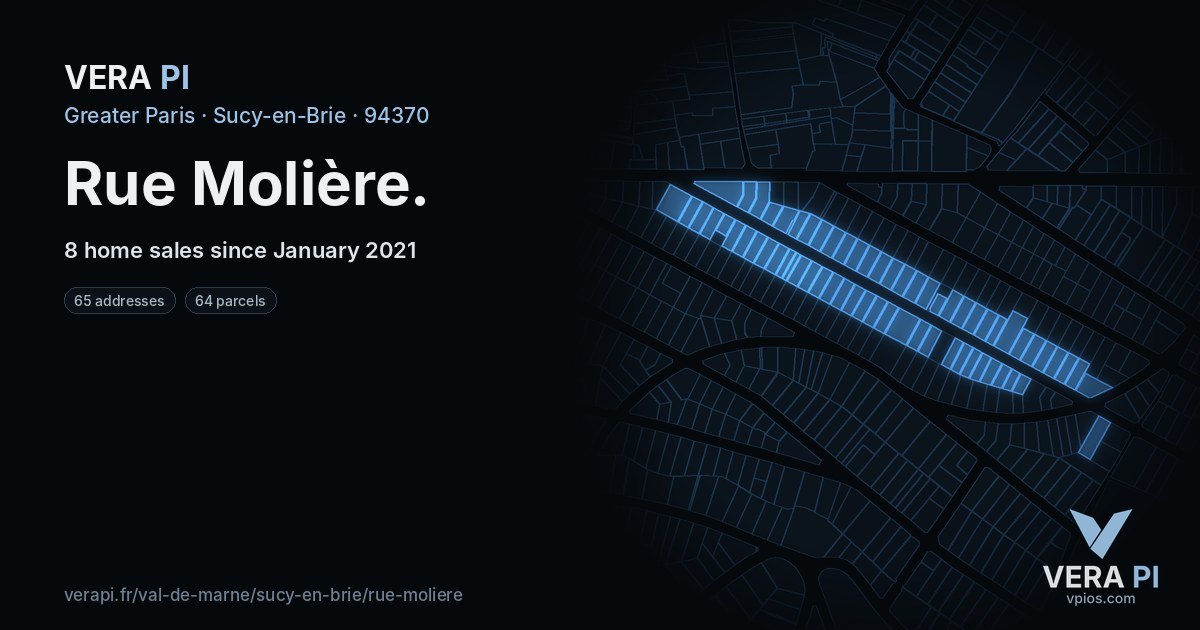 Rue Molière, Sucy-en-Brie at night – every parcel coloured by the prices around it, the street's own parcels lit
