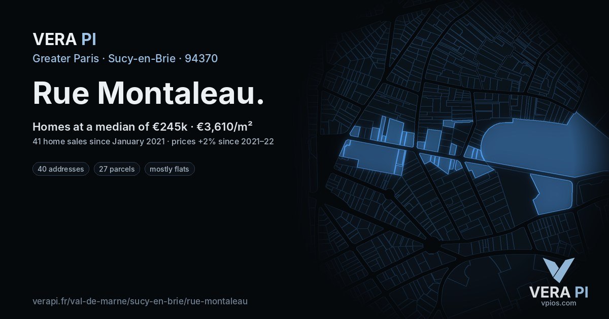 Rue Montaleau, Sucy-en-Brie at night – every parcel coloured by the prices around it, the street's own parcels lit
