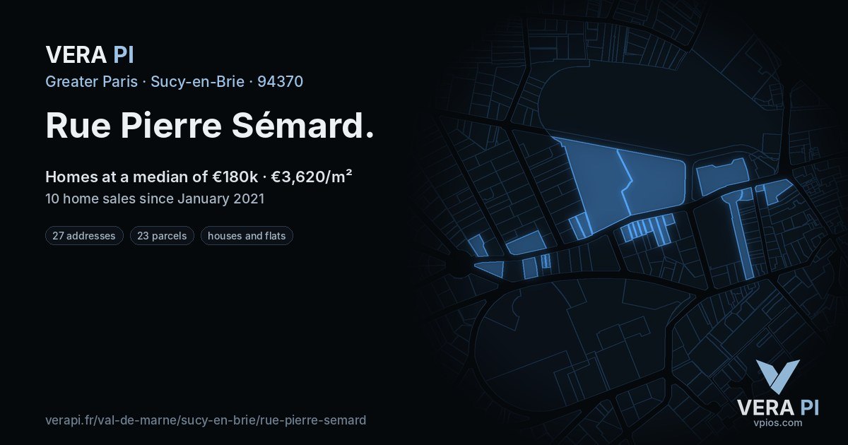 Rue Pierre Sémard, Sucy-en-Brie at night – every parcel coloured by the prices around it, the street's own parcels lit