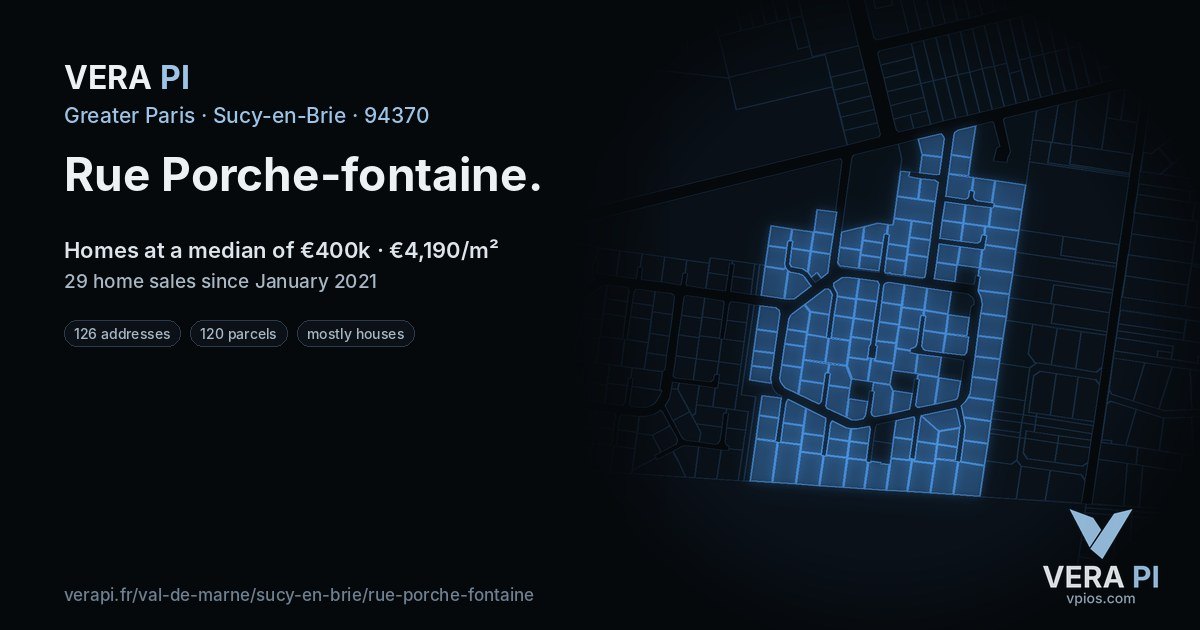 Rue Porche-fontaine, Sucy-en-Brie at night – every parcel coloured by the prices around it, the street's own parcels lit