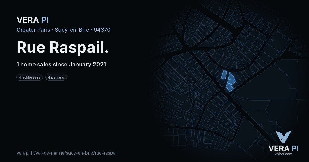 Rue Raspail, Sucy-en-Brie at night – every parcel coloured by the prices around it, the street's own parcels lit