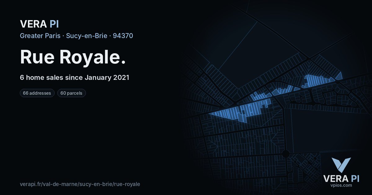 Rue Royale, Sucy-en-Brie at night – every parcel coloured by the prices around it, the street's own parcels lit