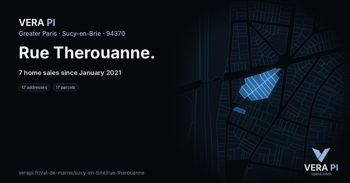 Rue Therouanne, Sucy-en-Brie at night – every parcel coloured by the prices around it, the street's own parcels lit
