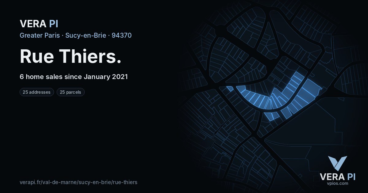 Rue Thiers, Sucy-en-Brie at night – every parcel coloured by the prices around it, the street's own parcels lit