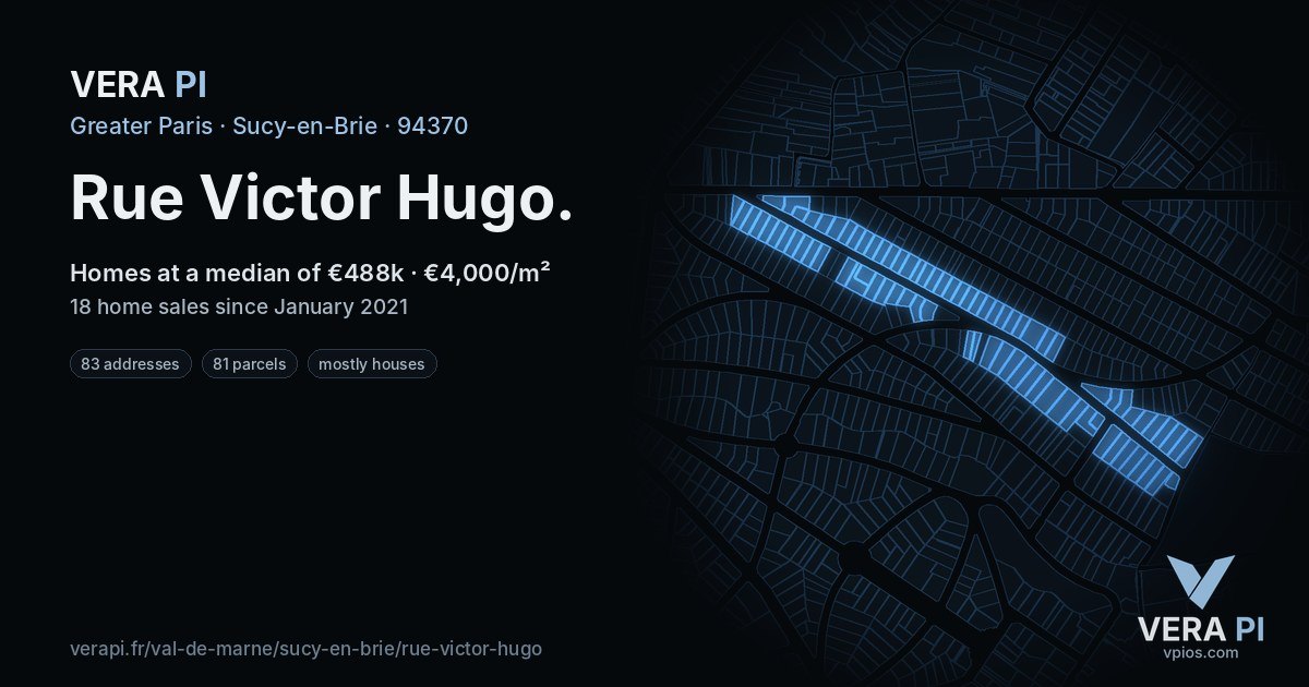 Rue Victor Hugo, Sucy-en-Brie at night – every parcel coloured by the prices around it, the street's own parcels lit