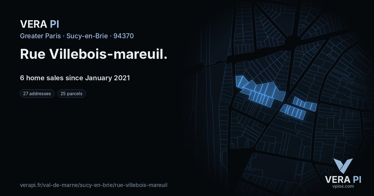 Rue Villebois-mareuil, Sucy-en-Brie at night – every parcel coloured by the prices around it, the street's own parcels lit