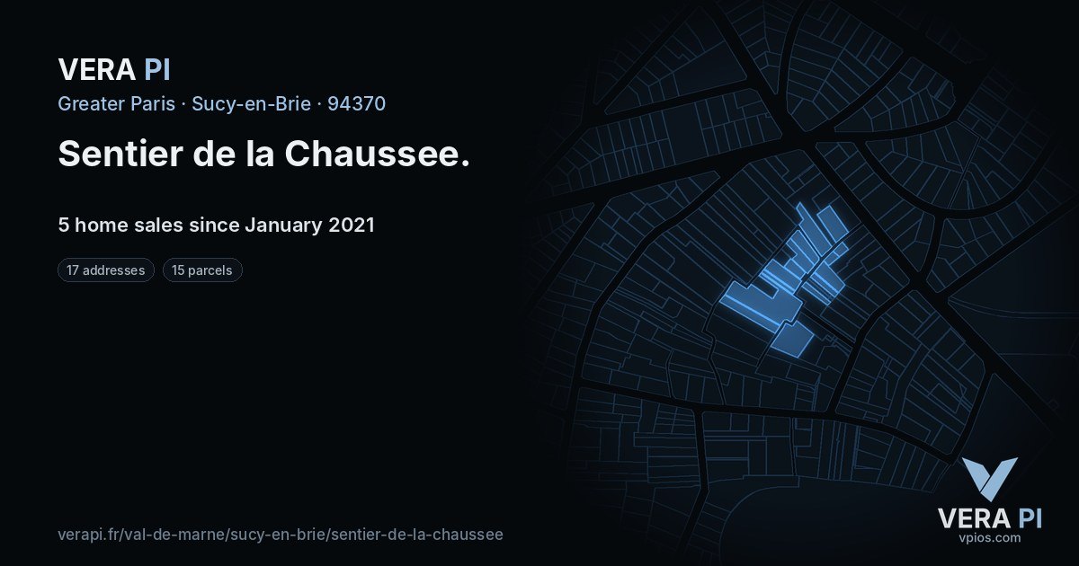 Sentier de la Chaussee, Sucy-en-Brie at night – every parcel coloured by the prices around it, the street's own parcels lit