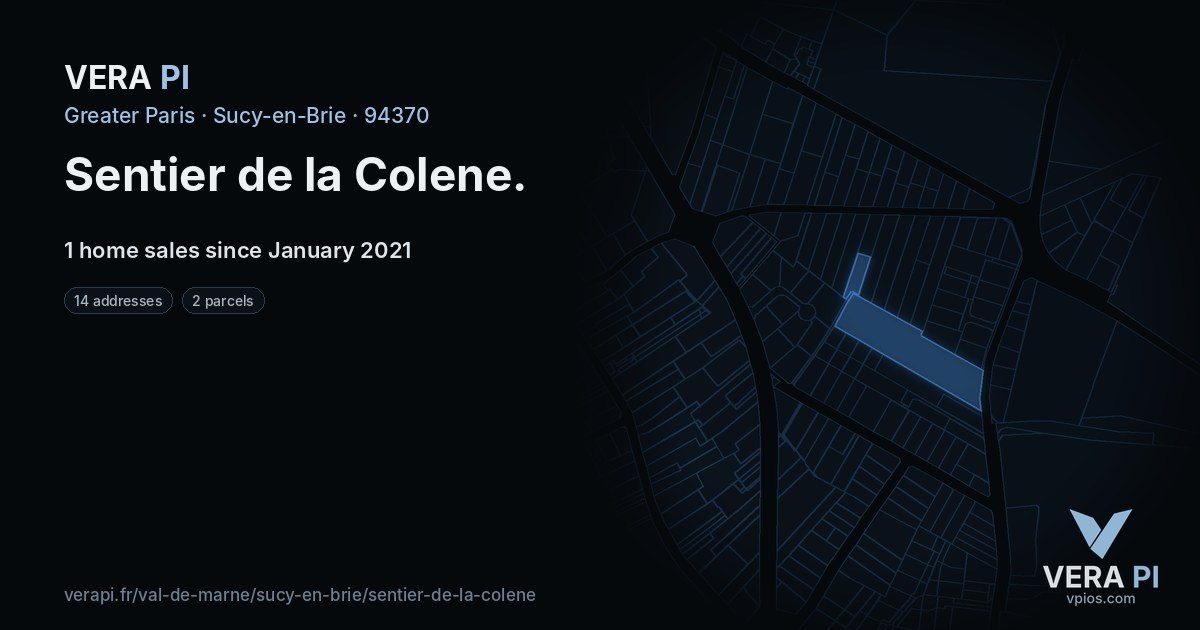 Sentier de la Colene, Sucy-en-Brie at night – every parcel coloured by the prices around it, the street's own parcels lit
