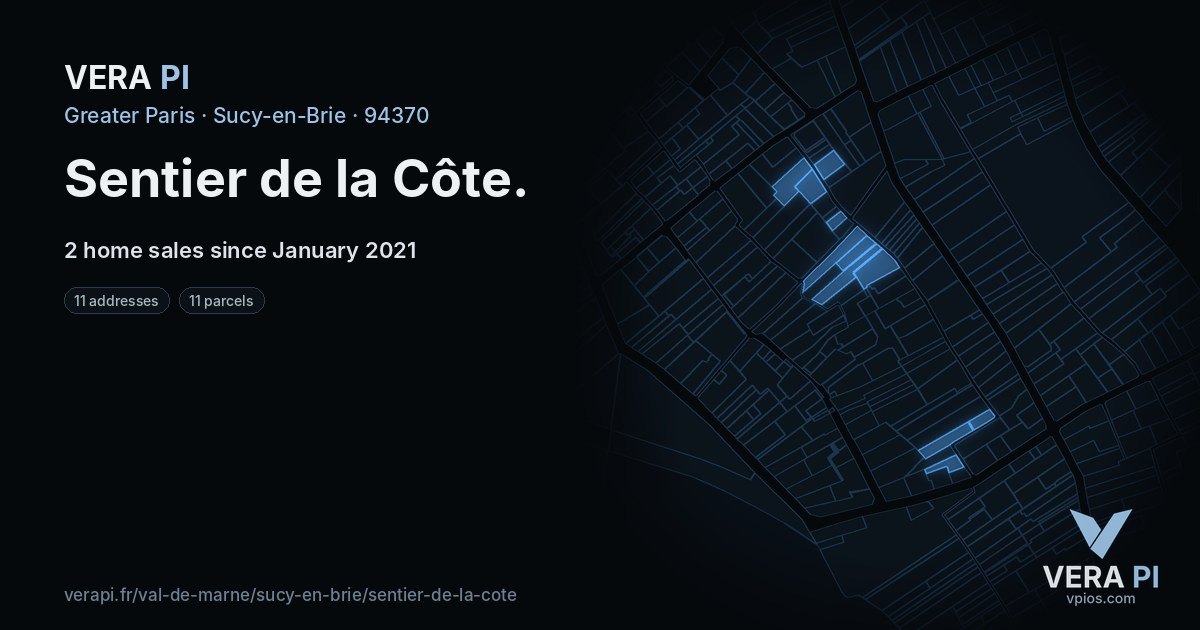 Sentier de la Côte, Sucy-en-Brie at night – every parcel coloured by the prices around it, the street's own parcels lit