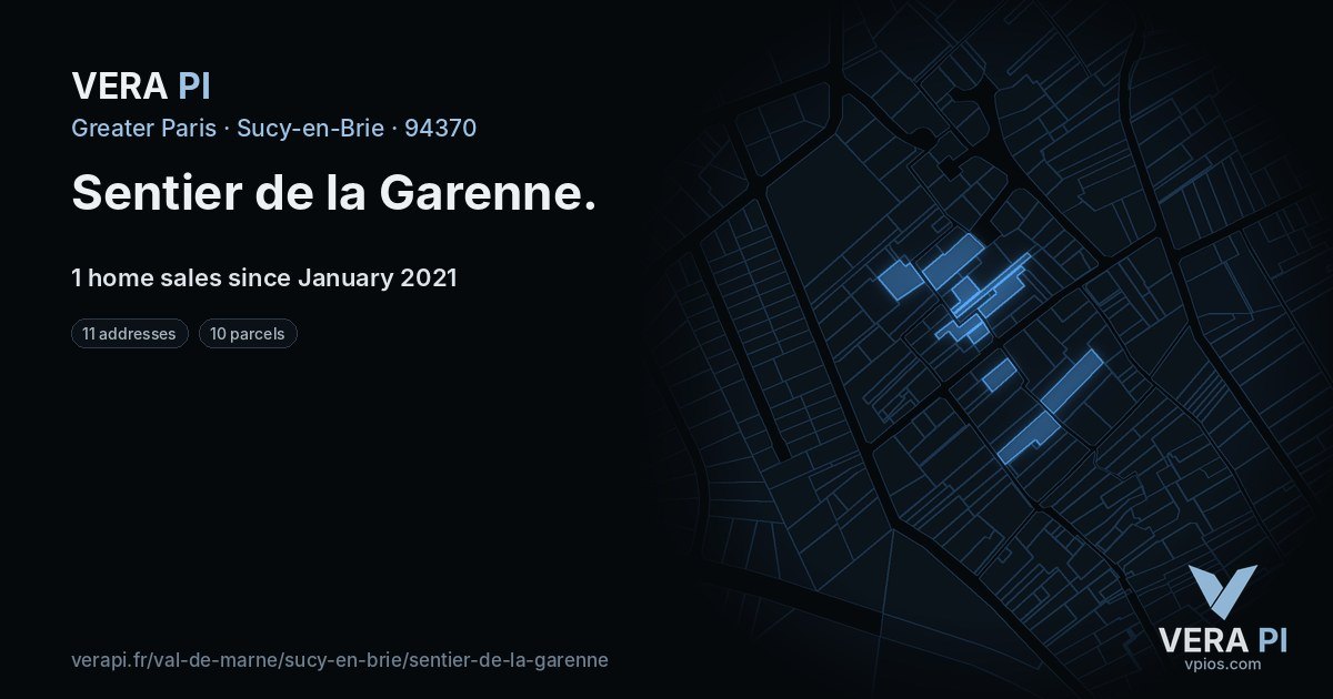 Sentier de la Garenne, Sucy-en-Brie at night – every parcel coloured by the prices around it, the street's own parcels lit