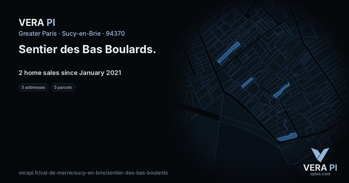 Sentier des Bas Boulards, Sucy-en-Brie at night – every parcel coloured by the prices around it, the street's own parcels lit