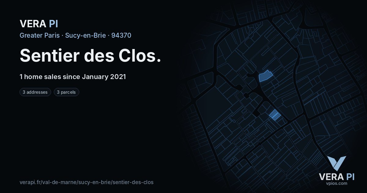 Sentier des Clos, Sucy-en-Brie at night – every parcel coloured by the prices around it, the street's own parcels lit