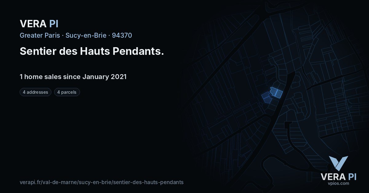 Sentier des Hauts Pendants, Sucy-en-Brie at night – every parcel coloured by the prices around it, the street's own parcels lit