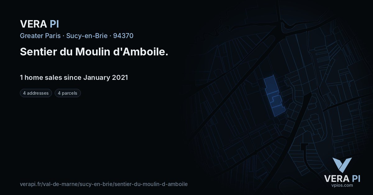 Sentier du Moulin d'Amboile, Sucy-en-Brie at night – every parcel coloured by the prices around it, the street's own parcels lit