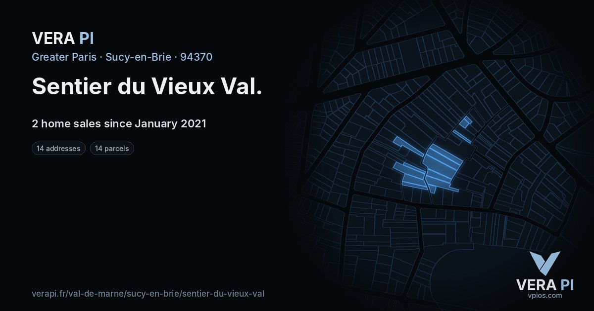 Sentier du Vieux Val, Sucy-en-Brie at night – every parcel coloured by the prices around it, the street's own parcels lit