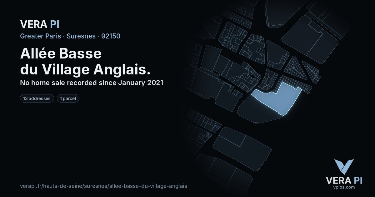 Allée Basse du Village Anglais, Suresnes at night – every parcel coloured by the prices around it, the street's own parcels lit