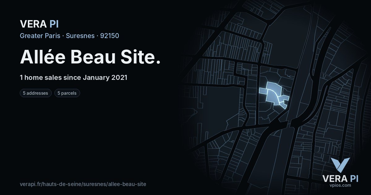 Allée Beau Site, Suresnes at night – every parcel coloured by the prices around it, the street's own parcels lit