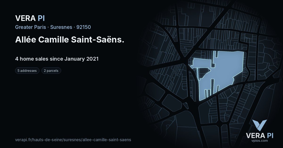 Allée Camille Saint-Saëns, Suresnes at night – every parcel coloured by the prices around it, the street's own parcels lit