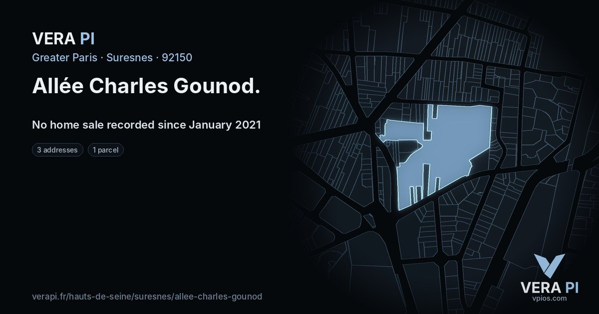 Allée Charles Gounod, Suresnes at night – every parcel coloured by the prices around it, the street's own parcels lit