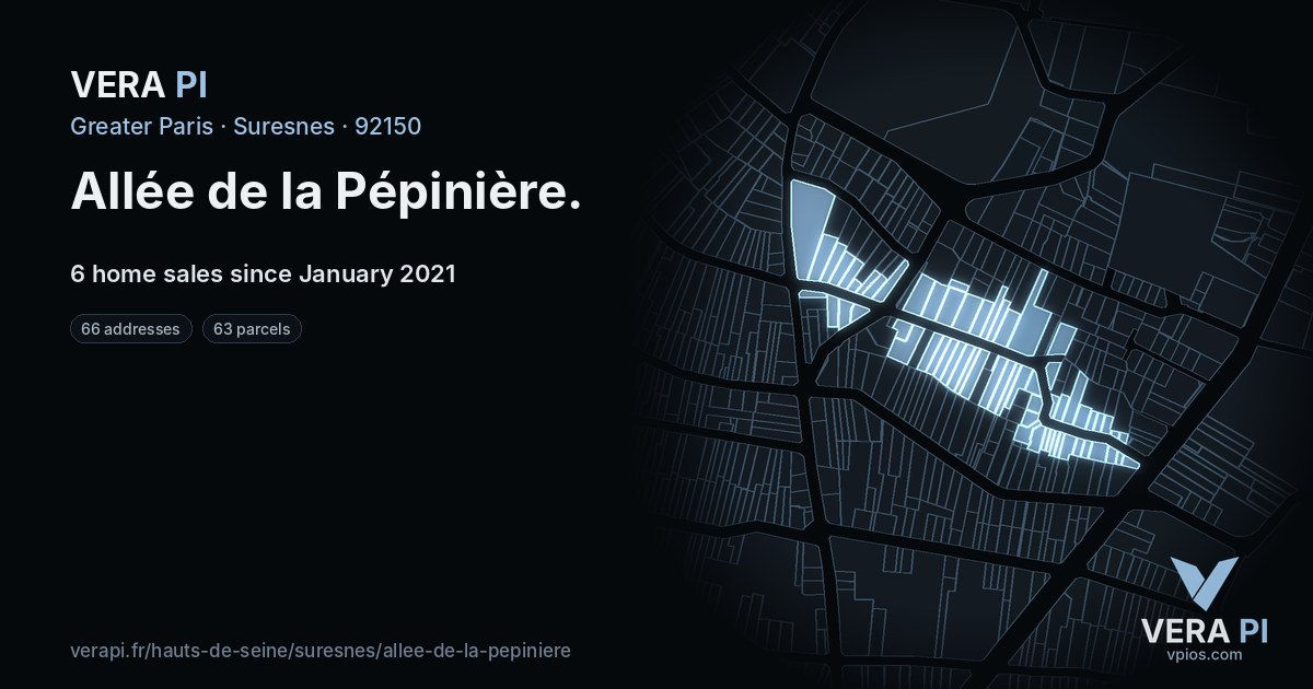 Allée de la Pépinière, Suresnes at night – every parcel coloured by the prices around it, the street's own parcels lit