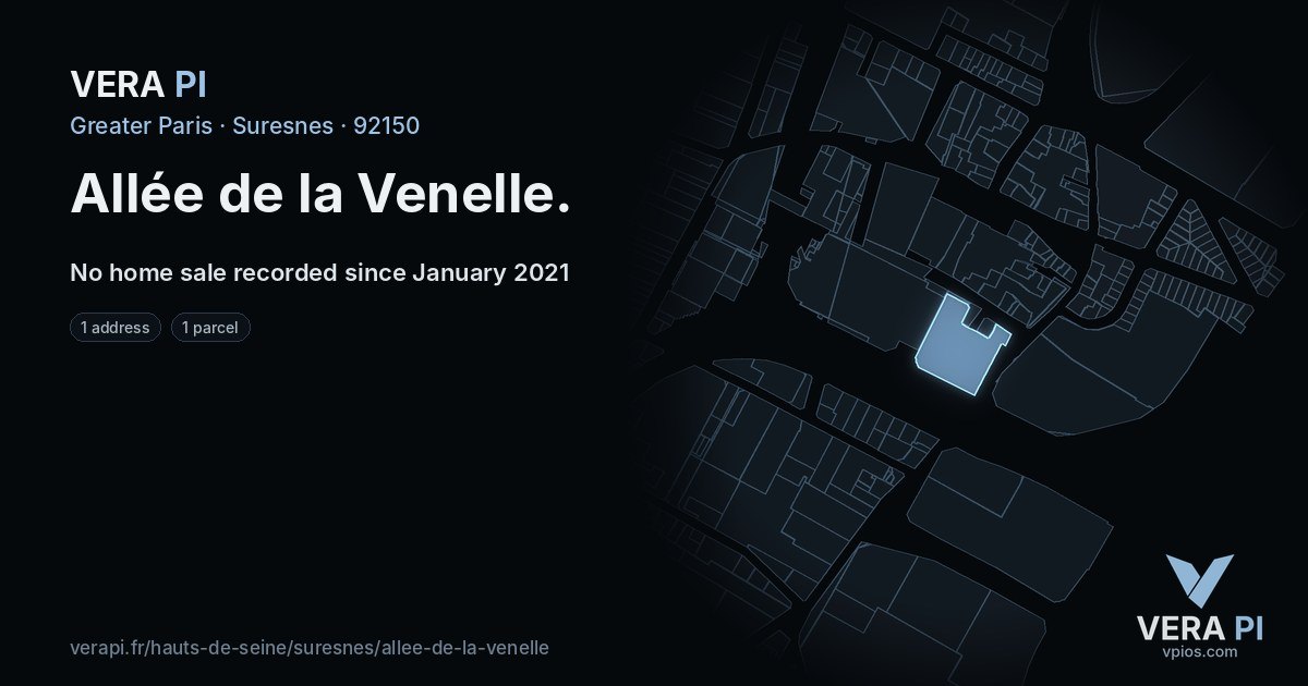 Allée de la Venelle, Suresnes at night – every parcel coloured by the prices around it, the street's own parcels lit