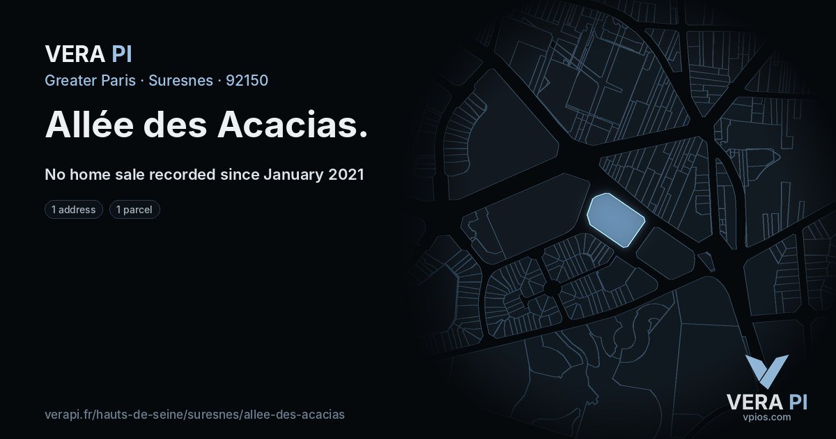 Allée des Acacias, Suresnes at night – every parcel coloured by the prices around it, the street's own parcels lit