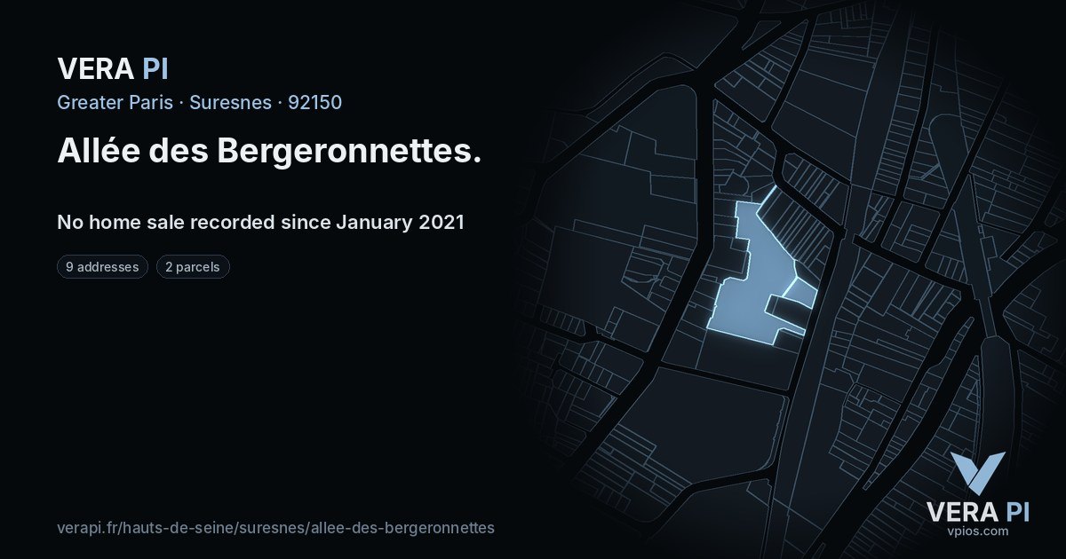 Allée des Bergeronnettes, Suresnes at night – every parcel coloured by the prices around it, the street's own parcels lit